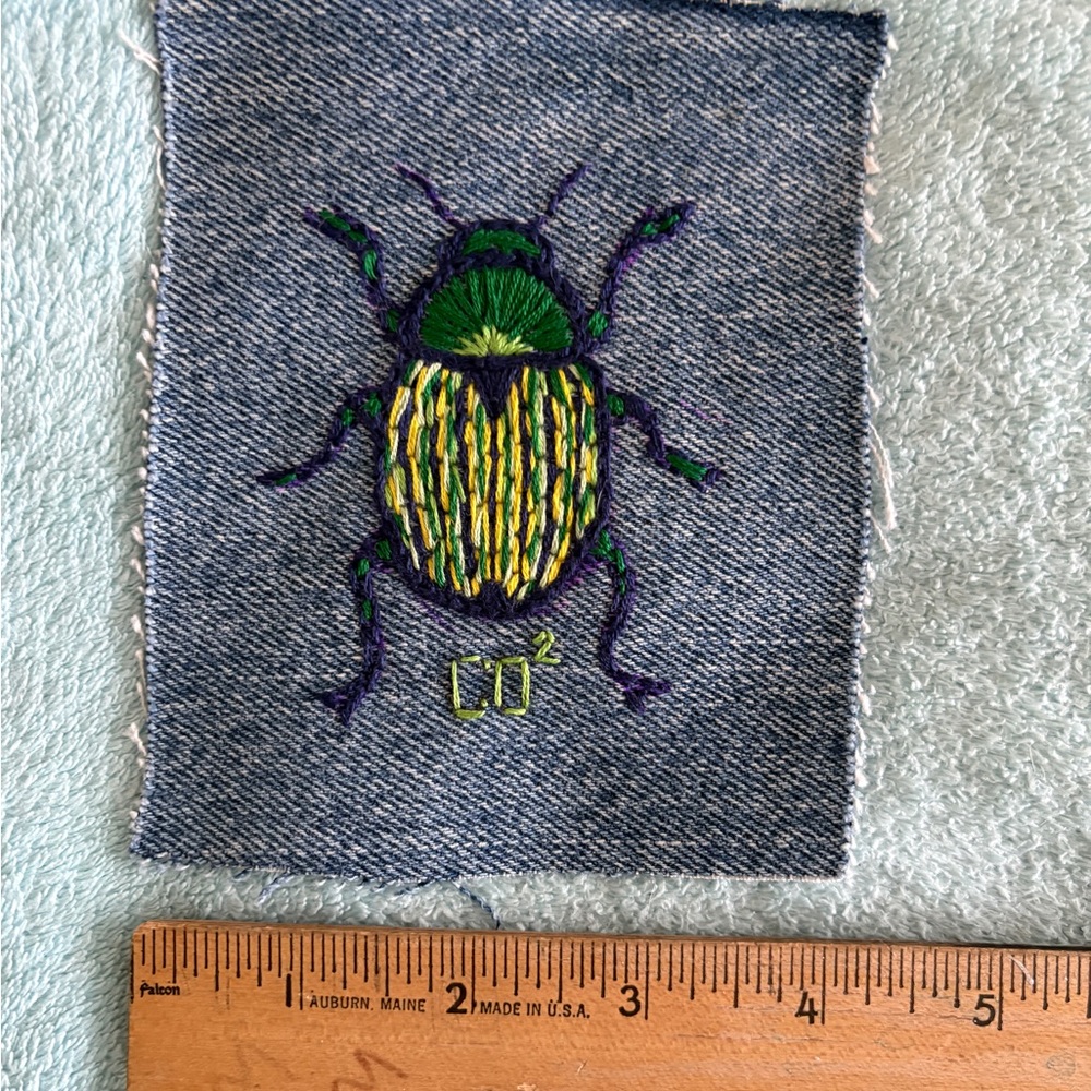 Hand Embroidered Beetle Patch on Denim